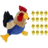 Pluche kippen/hanen knuffel van 20 cm met 16x stuks mini kuikentjes 3 cm - Paas/pasen decoratie