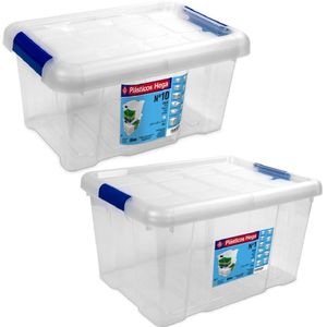 2x Opbergboxen/opbergdozen met deksel 5 en 16 ltr kunststof transparant/blauw - 29 x 20 x 15 en 39 x 29,5 x 21,5 cm - Opbergbakken