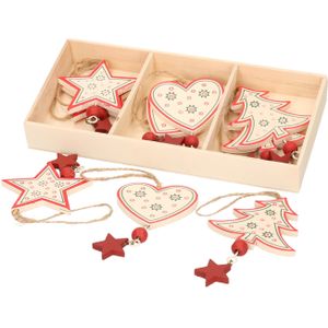 Set van 12x witte houten kersthangers sterren, hartjes, kerstboompjes 10 cm - kerstboomversiering / kerstornamenten