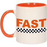 2x stuks fast met finish vlag beker / mok wit en oranje - 300 ml - racing / formule 1  - Nederland supporter / fan