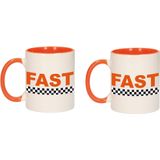 2x stuks fast met finish vlag beker / mok wit en oranje - 300 ml - racing / formule 1  - Nederland supporter / fan