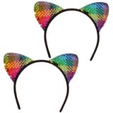 2x stuks gekleurde pailletten katten/poezen oortjes diadeem/haarband voor dames - Feest/party verkleed oren