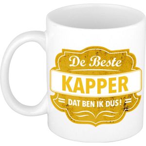 De beste kapper cadeau koffiemok / theebeker wit met geel embleem - 300 ml - keramiek - cadeaumok voor kappers / kapperszaak