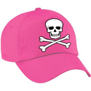 Foute party piraat verkleed pet met doodskop roze voor dames en heren - doodskop baseball cap - carnaval verkleedaccessoire voor kostuum
