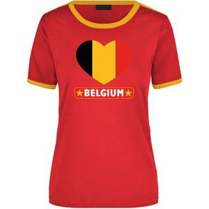 Belgium rood/geel ringer t-shirt Belgie vlag in hart - dames - landen shirt - Belgische fan / supporter kleding