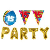 Folat - Verjaardag feestversiering 15 jaar PARTY letters en 16x ballonnen met 2x plastic vlaggetjes