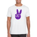 Wit Flower Power t-shirt paarse glitter peace hand heren - Sixties/jaren 60 kleding