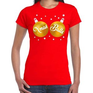 Fout kerst t-shirt rood met gouden Xmas balls borsten voor dames - kerstkleding / christmas outfit