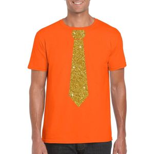 Oranje fun t-shirt met stropdas in glitter goud heren - leuk voor Koningsdag