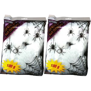 Fiestas Decoratie spinnenweb/spinrag met spinnen - 4x - 100 gram - wit - Halloween/horror thema versiering