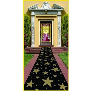 Hollywood zwarte loper met gouden sterren van vilt 3 meter - 60 cm breed - Gala feestversiering - Films en sterren thema