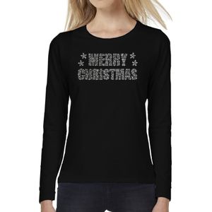 Glitter kerst longsleeve shirt zwart Merry Christmas glitter steentjes/ rhinestones voor dames - Shirts met lange mouwen - Glitter kerst shirt/ outfit