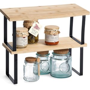 Zeller keukenrek/opbergrek/aanrecht organizer - 2x - zwart - 36 x 16 x 16 cm - metaal/bamboe hout