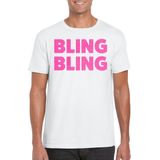 Bellatio Decorations Verkleed T-shirt voor heren - bling - wit - roze glitter - carnaval/themafeest