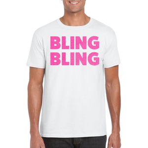 Bellatio Decorations Verkleed T-shirt voor heren - bling - wit - roze glitter - carnaval/themafeest