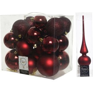 Kerstversiering kunststof kerstballen donkerrood 6-8-10 cm pakket van 27x stuks - Met mat glazen piek van 26 cm
