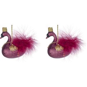 2x stuks kunststof kersthangers zwaan fuchsia roze 14 cm kerstornamenten - Kunststof ornamenten kerstversiering