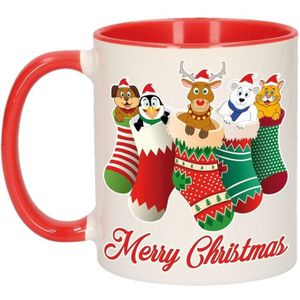 Kerstmis cadeau mok - Merry Christmas - diertjes in kerstsokjes - 300 ml - keramiek - mokken / beker - Kerst servies