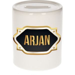 Arjan naam cadeau spaarpot met gouden embleem - kado verjaardag/ vaderdag/ pensioen/ geslaagd/ bedankt