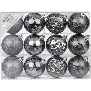 48x stuks luxe gedecoreerde kunststof kerstballen antraciet mix 6 cm - Onbreekbare kerstballen - Kerstversiering