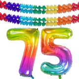 Folat folie ballonnen - Leeftijd cijfer 75 - glimmend multi-kleuren - 86 cm - en 2x slingers