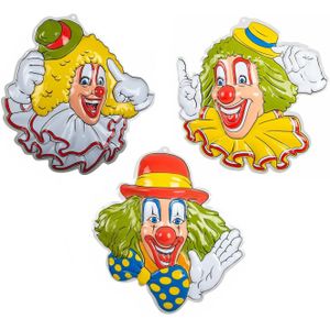 Carnaval/party decoratie borden  - 3x Clown hoofden - wand/muur versiering - 50 x 50 cm - plastic