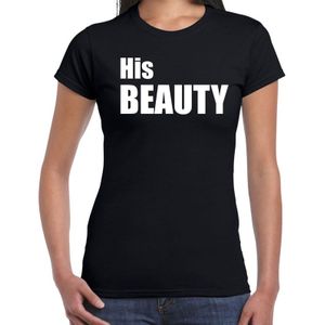 His beauty t-shirt zwart met witte letters voor dames - fun tekst shirts