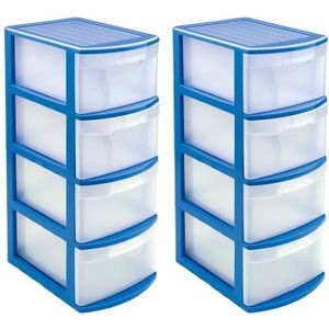 2x stuks ladeblok/bureau organizer met 4x lades blauw/transparant - L39 x B28.5 x H78 cm - Opruimen/opbergen laatjes