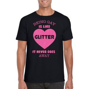 Bellatio Decorations Gay Pride T-shirt voor heren - being gay is like glitter - zwart/roze - LHBTI