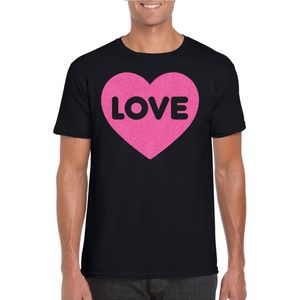 Bellatio Decorations Gay Pride T-shirt voor heren - liefde/love - zwart - roze glitter hart - LHBTI