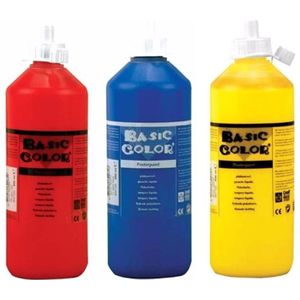 Set van 3x flessen Blauwe-Gele-Rode hobby knutselen kinder verf op waterbasis - 500 ml per fles - Schilderen/verfen