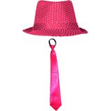 Carnaval verkleed set - hoedje en stropdas - fuchsia roze - dames/heren