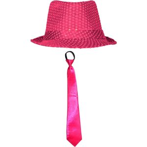 Carnaval verkleed set - hoedje en stropdas - fuchsia roze - dames/heren