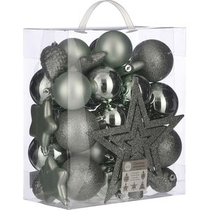 39x stuks kunststof kerstballen en kerstornamenten met ster piek groen mix - Kerstversiering/kerstboomversiering