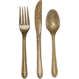 Glitter plastic bestek goud 48x delig - herbruikbaar - Messen, vorken, lepels