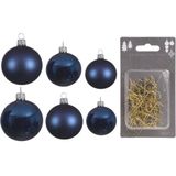 Groot pakket glazen kerstballen donkerblauw glans/mat 50x stuks - 4-6-8 cm incl haakjes