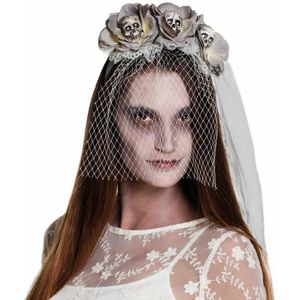 Horror bruid diadeem met sluier voor volwassenen - Zombie bruid doodskop diadeem one size - Halloween verkleed accessoires