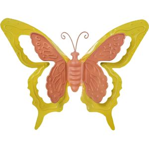 Mega Collections tuin/schutting decoratie vlinder - metaal - oranje - 46 x 34 cm