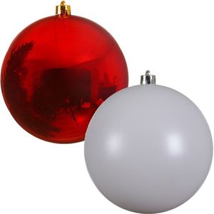 2x stuks grote kerstballen van 20 cm glans van kunststof wit en rood - Kerstversiering