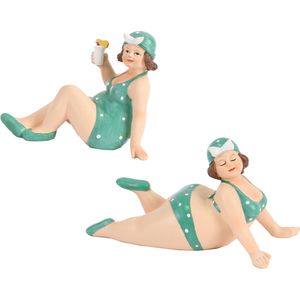 Woonkamer decoratie beeldjes set van 2 dikke dames - groen badpak - 17 cm