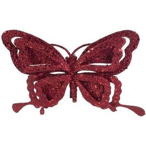 1x Kerstboomversiering op clip vlinder glitter bordeaux rood 14 cm - kerstfiguren - vlinders