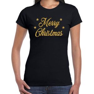 Foute Kerst t-shirt - Merry Christmas - goud / glitter - zwart - dames - kerstkleding / kerst outfit