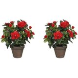 2x Groene Azalea kunstplanten rode bloemen 27 cm in pot stan grey - Kunstplanten/nepplanten
