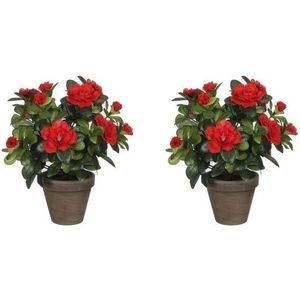 2x Groene Azalea kunstplanten rode bloemen 27 cm in pot stan grey - Kunstplanten/nepplanten