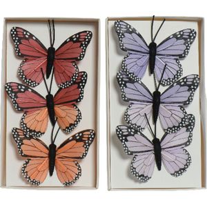 Decoratie vlinders op draad - 6x stuks - rood - paars - 6 cm