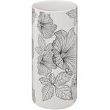 WC-/toiletborstel met houder rond wit/zwart met hibiscus bloemen patroon zandsteen/bamboe 38 cm
