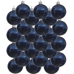 24x Donkerblauwe glazen kerstballen 6 cm - Glans/glanzende - Kerstboomversiering donkerblauw