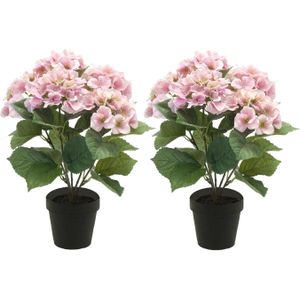 Hortensia kunstplant in kunststof pot - 2x - roze - 40 cm