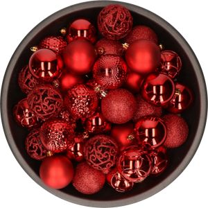 37x stuks kunststof kerstballen rood 6 cm mix - Onbreekbare plastic kerstballen - Kerstboomversiering