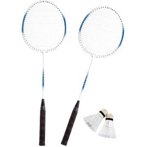 Badmintonset blauw/wit met rackets shuttles en opbergtas 66 cm - voordelige badminton set